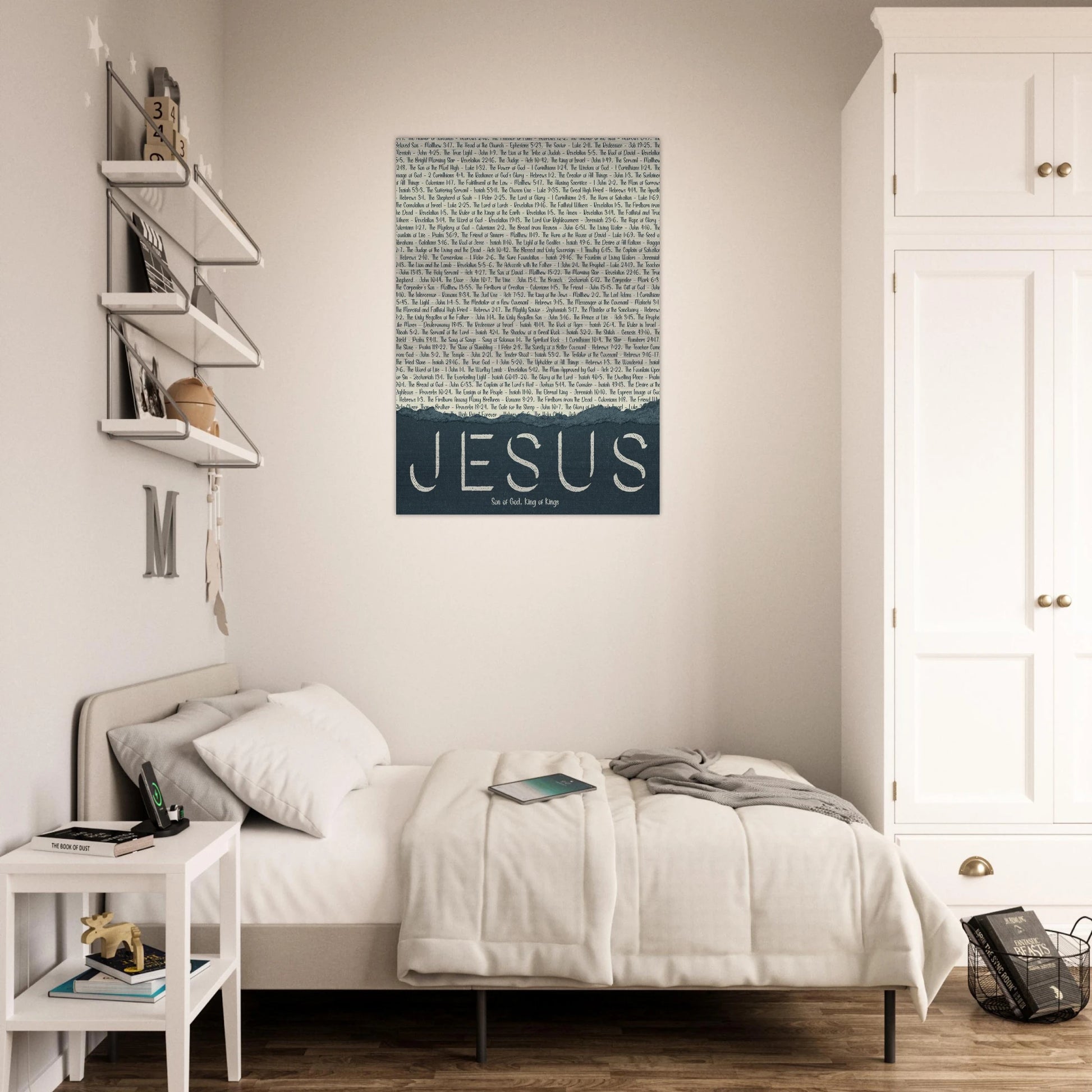 jesus brushed aluminum christian wall art with scripture names displayed above a cozy bed