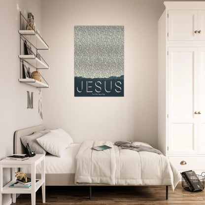 jesus brushed aluminum christian wall art with scripture names displayed above a cozy bed