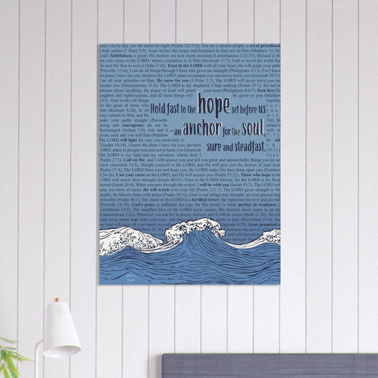 Scripture canvas with blue wave design and Hebrews 6:19 hanging on white shiplap wall