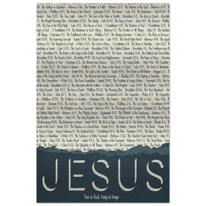 A brushed aluminum metal print with the word 'JESUS' in large letters, followed by a list of scriptural titles.