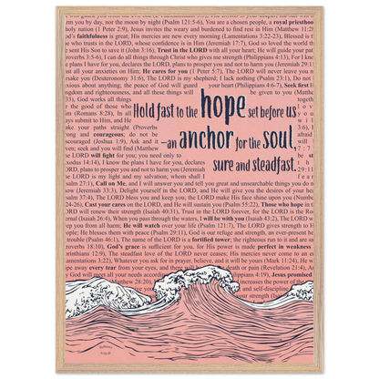pink christian poster with bible verses in the background featuring a hand drawn wave illustration and the words hold fast to the hope set before us an anchor for the soul sure and steadfast hebrews 6 19