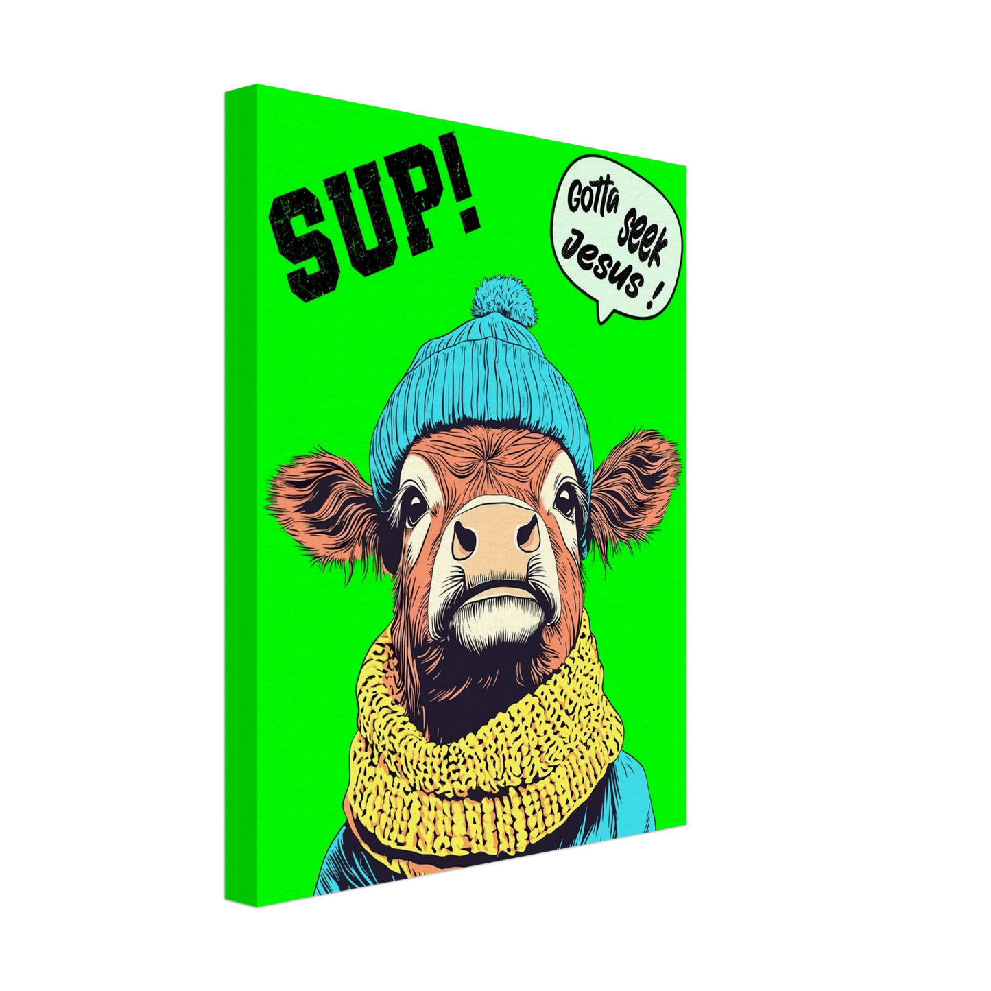 A vibrant green canvas featuring a cartoon style Highland cow with a beanie hat and a scarf, holding a sign with the text 'Gotta Seek Jesus'.