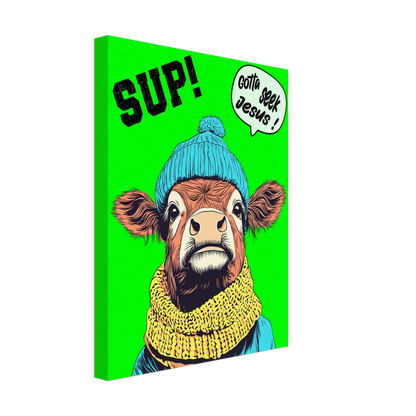 A vibrant green canvas featuring a cartoon style Highland cow with a beanie hat and a scarf, holding a sign with the text 'Gotta Seek Jesus'.