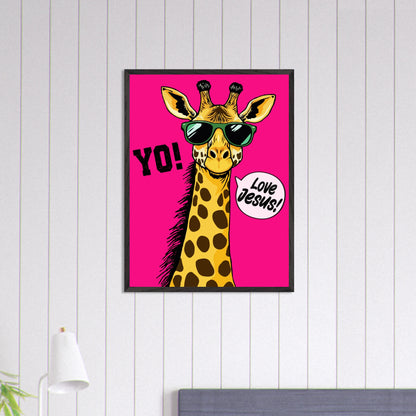 Christian wall art featuring a playful giraffe wearing sunglasses on a bright pink background with the message Love Jesus displayed in a modern bedroom setting