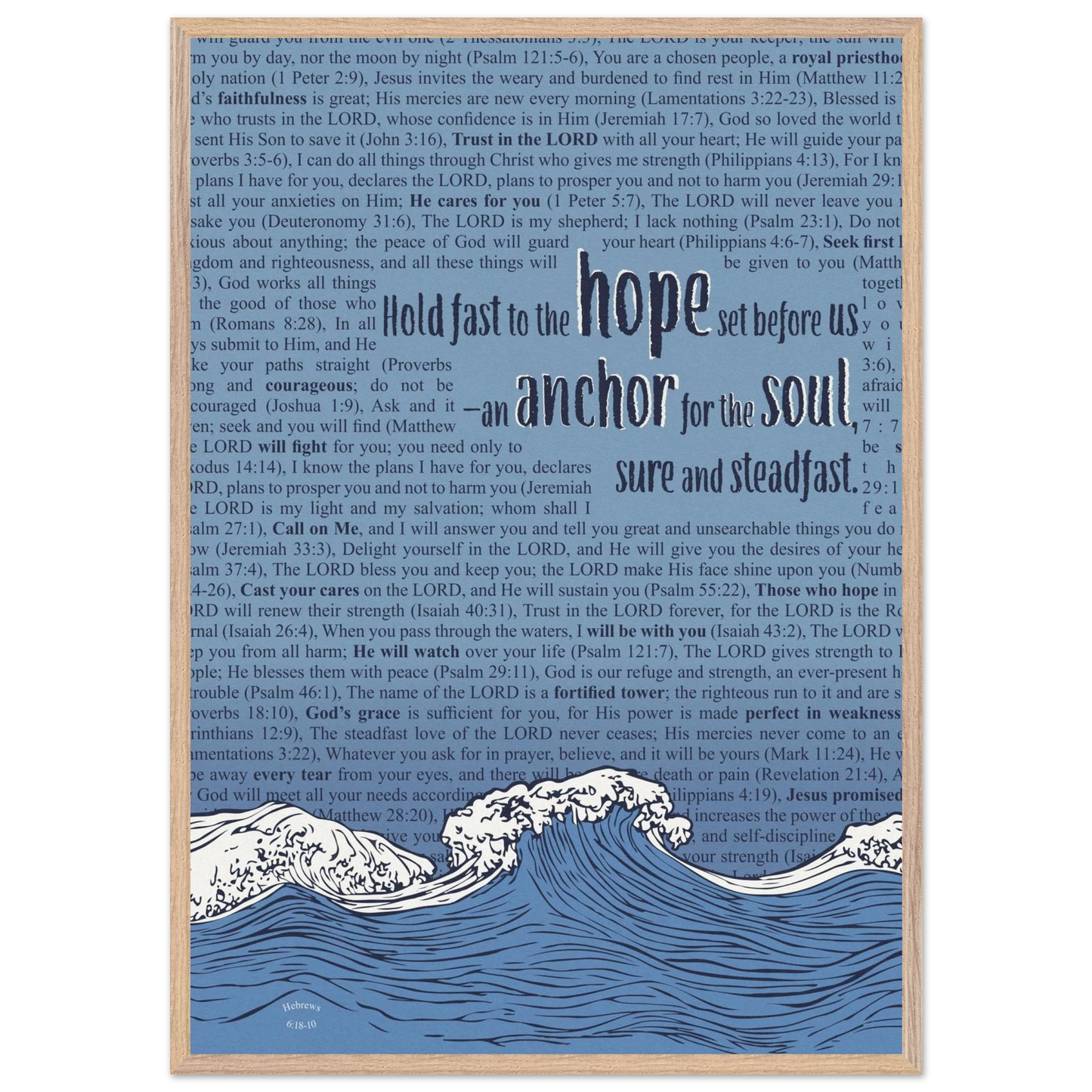 blue christian poster with bible verses in the background featuring a hand drawn wave illustration and the words hold fast to the hope set before us an anchor for the soul sure and steadfast hebrews 6 19