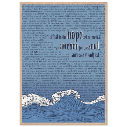 blue christian poster with bible verses in the background featuring a hand drawn wave illustration and the words hold fast to the hope set before us an anchor for the soul sure and steadfast hebrews 6 19