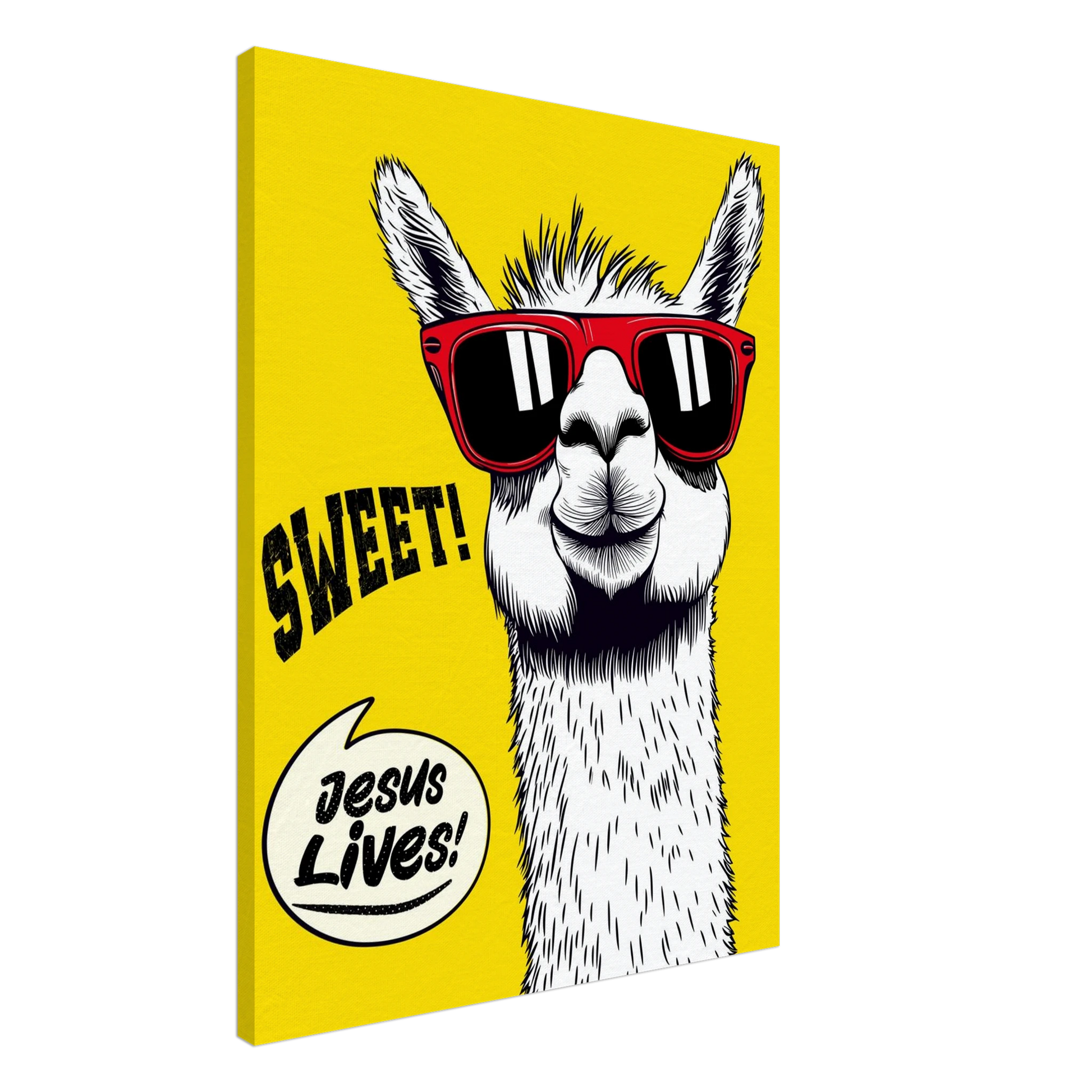 A vibrant canvas wall art featuring a cartoon llama with sunglasses against a yellow background, with the text 'Sweet! Jesus Lives!'.