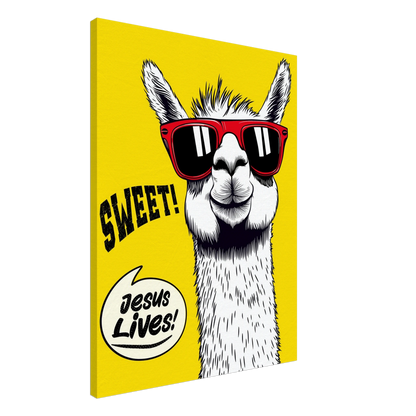 A vibrant canvas wall art featuring a cartoon llama with sunglasses against a yellow background, with the text 'Sweet! Jesus Lives!'.
