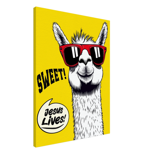 A vibrant canvas wall art featuring a cartoon llama with sunglasses against a yellow background, with the text 'Sweet! Jesus Lives!'.