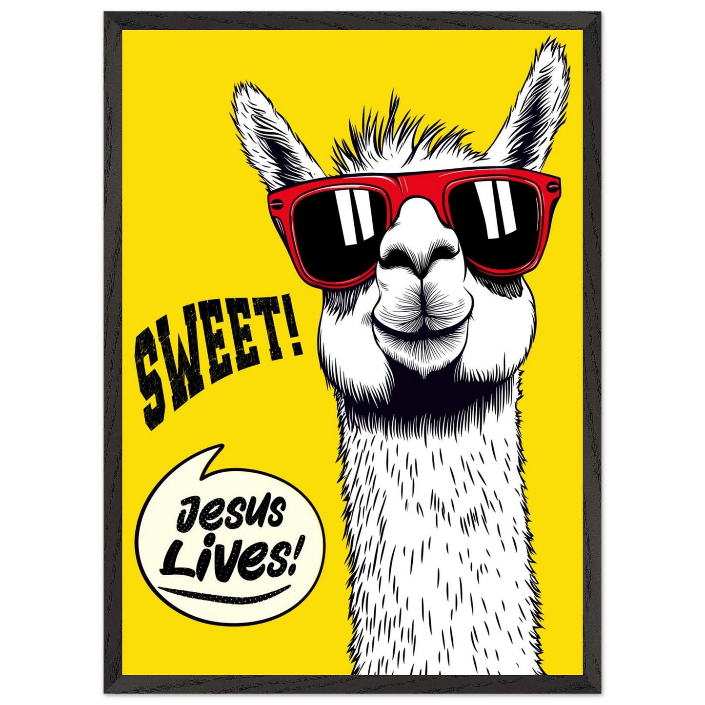 Playful Christian wall art illustration of a white llama wearing red sunglasses on a bright yellow background, with the words SWEET! and Jesus Lives in a speech bubble, framed in black.