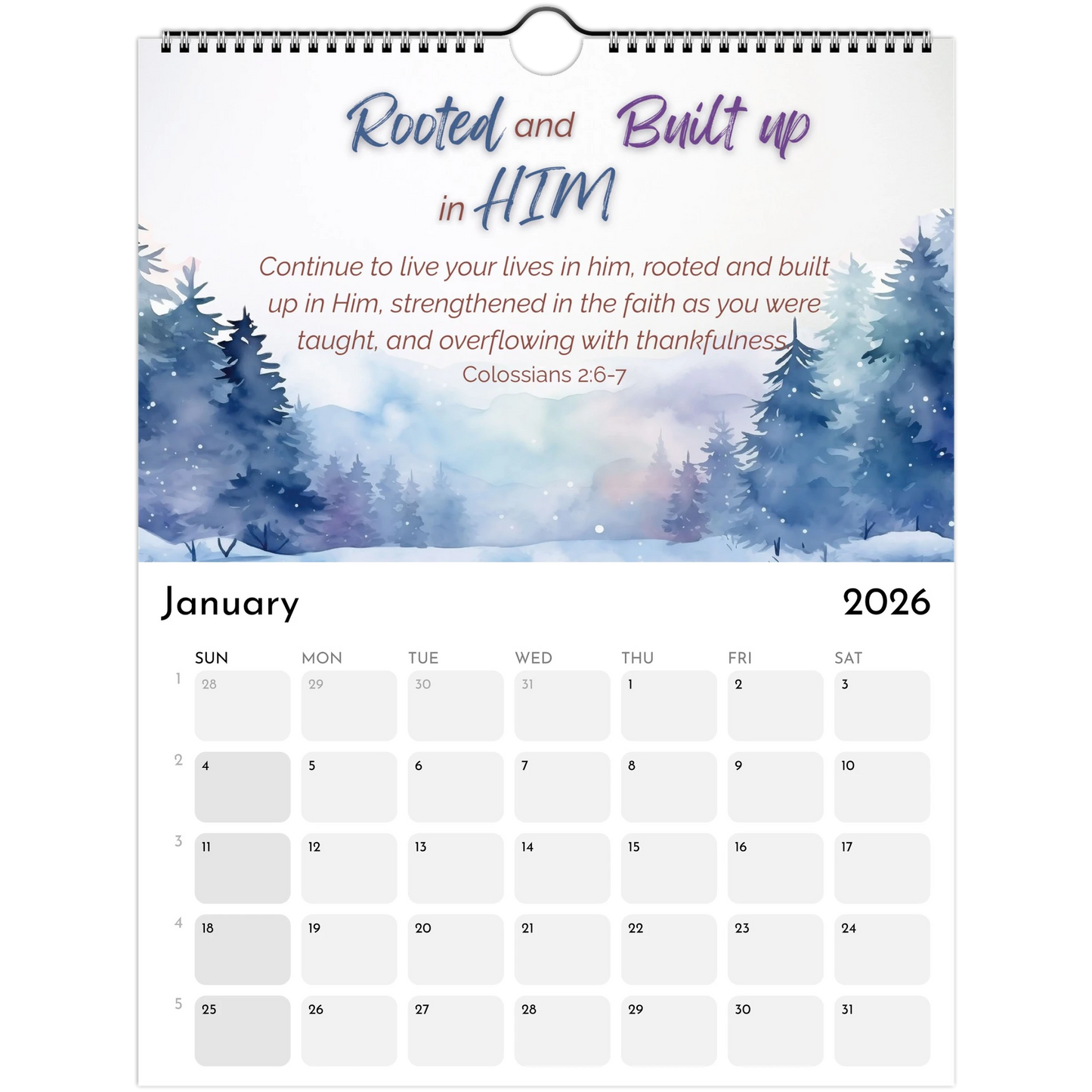 Calendar for January 2026 with a winter landscape design and motivational quote.