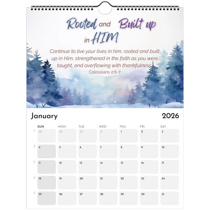 Calendar for January 2026 with a winter landscape design and motivational quote.