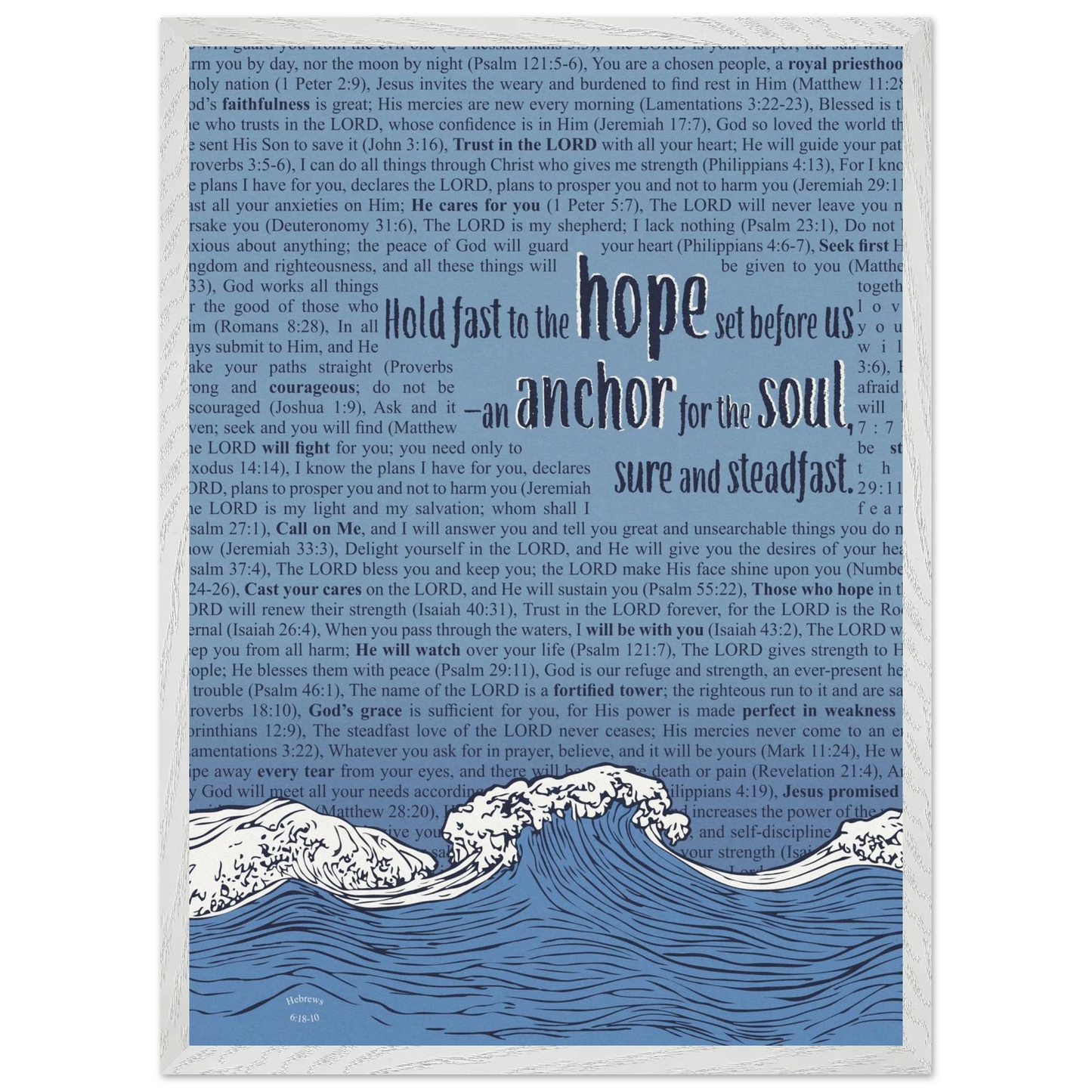 blue christian poster with bible verses in the background featuring a hand drawn wave illustration and the words hold fast to the hope set before us an anchor for the soul sure and steadfast hebrews 6 19