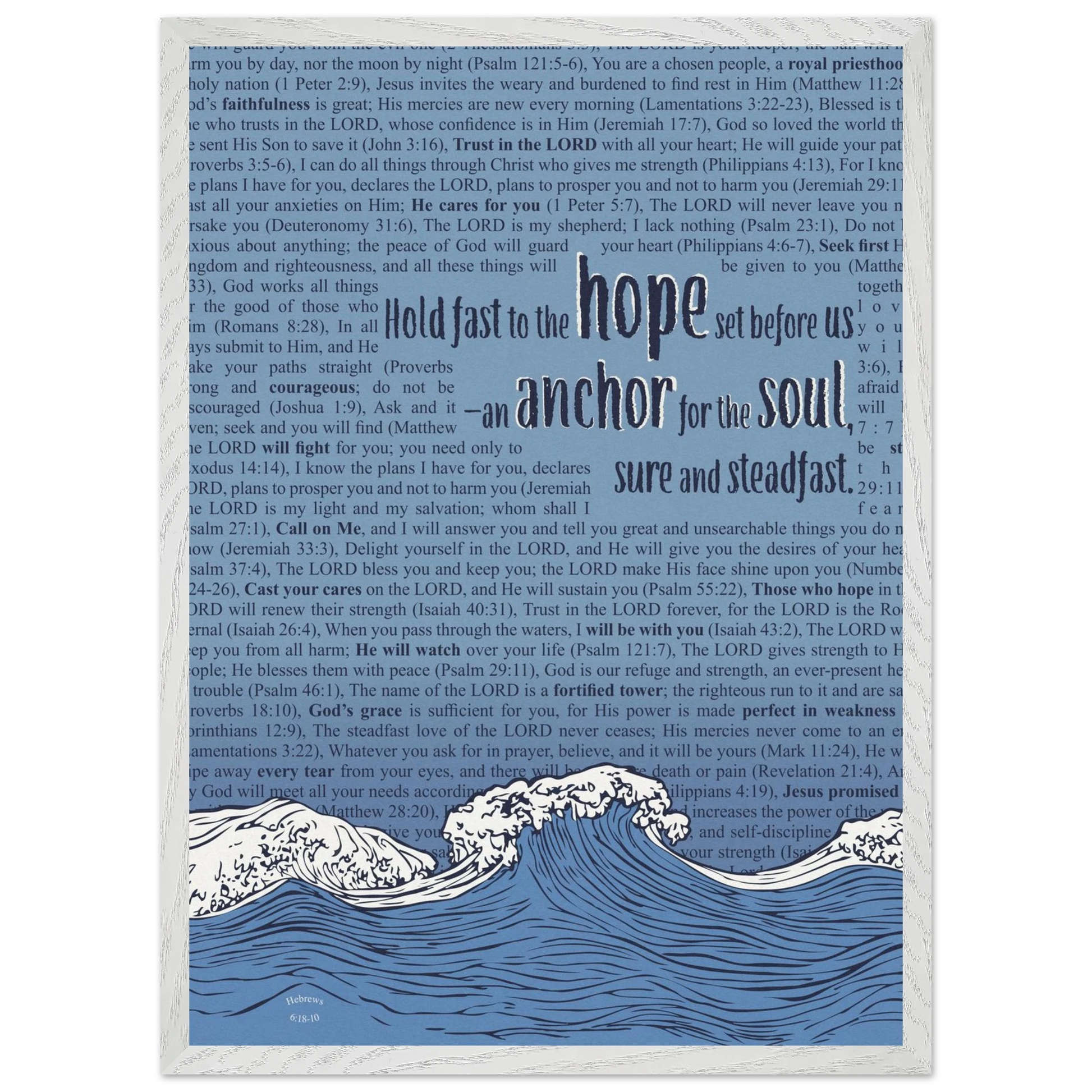 blue christian poster with bible verses in the background featuring a hand drawn wave illustration and the words hold fast to the hope set before us an anchor for the soul sure and steadfast hebrews 6 19