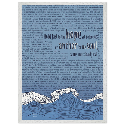 blue christian poster with bible verses in the background featuring a hand drawn wave illustration and the words hold fast to the hope set before us an anchor for the soul sure and steadfast hebrews 6 19