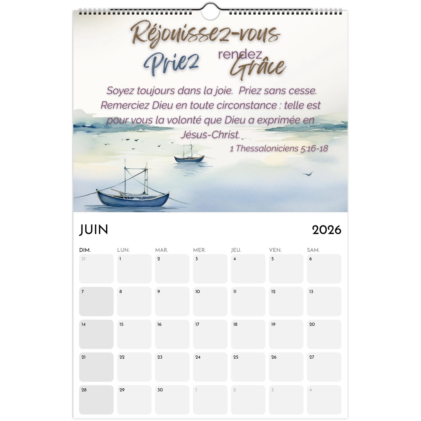 Calendar page for June 2026 with a boat on water illustration and motivational text.