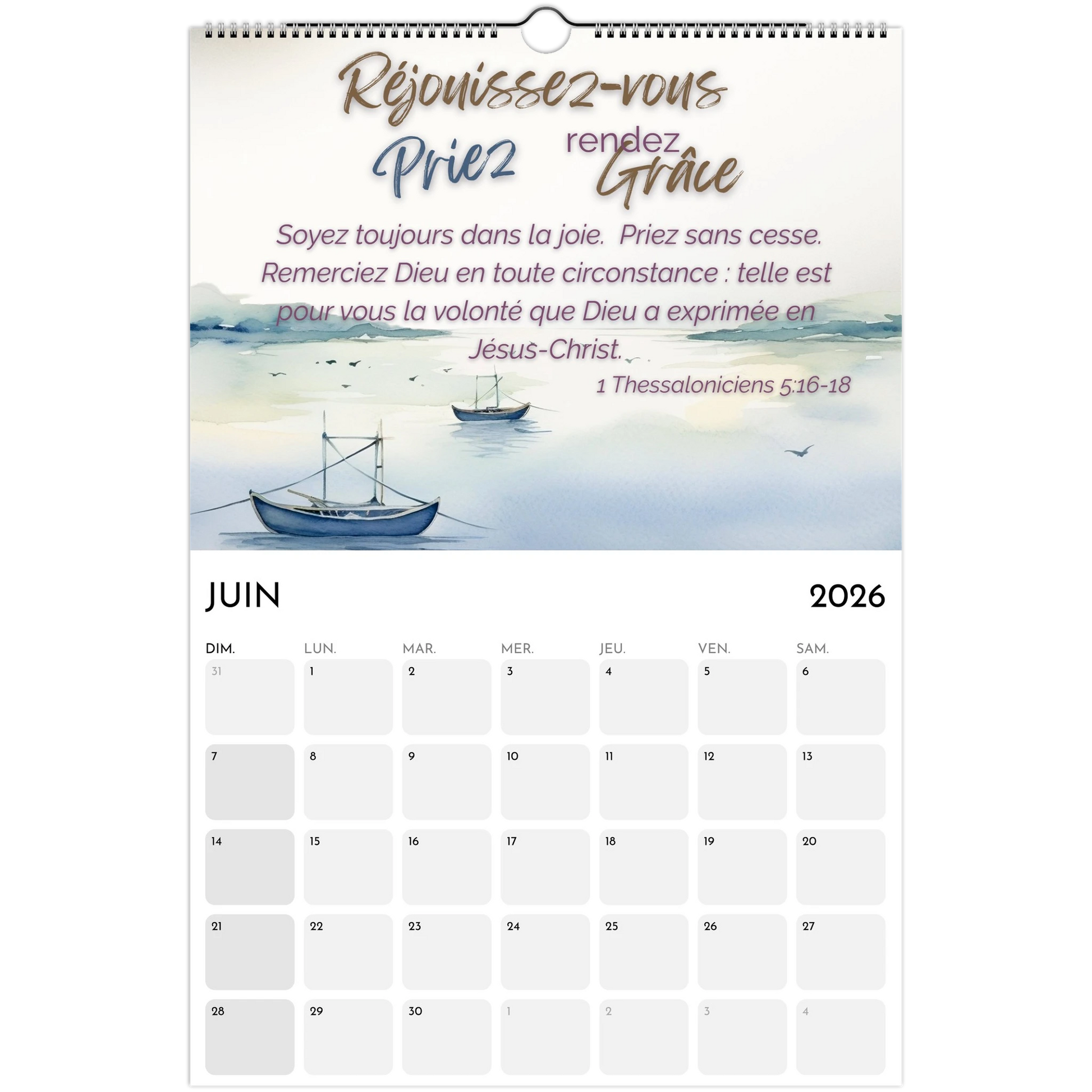 Calendar page for June 2026 with a boat on water illustration and motivational text.
