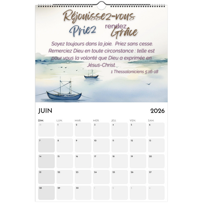 Calendar page for June 2026 with a boat on water illustration and motivational text.