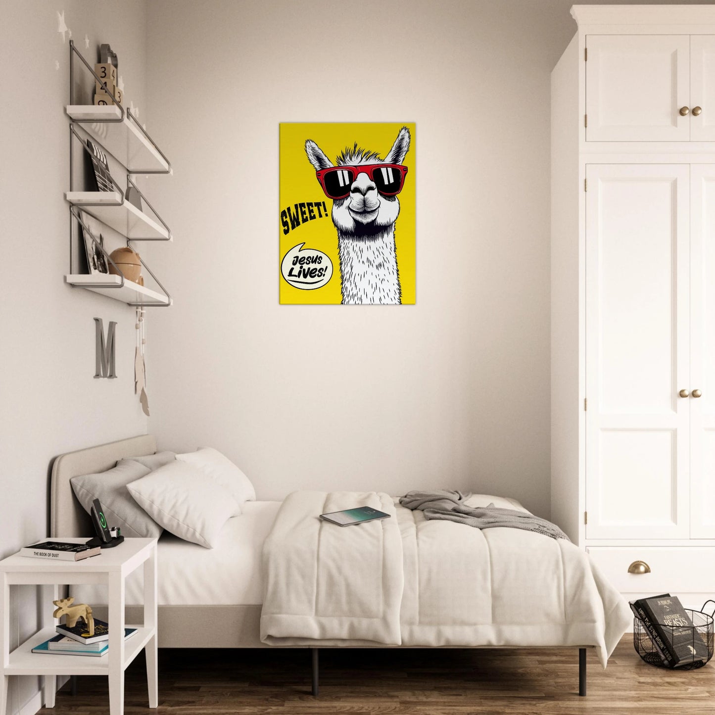 sweet jesus lives llama christian poster with bold yellow background hanging above a cozy neutral bedroom