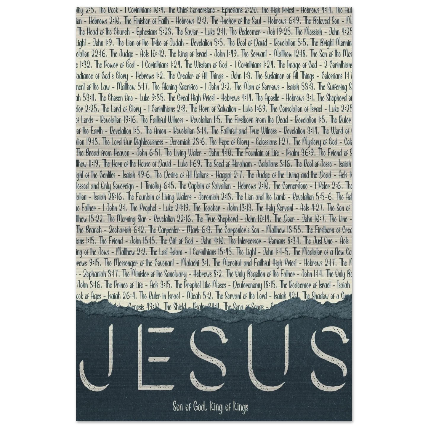 A brushed aluminum metal print with the word 'JESUS' in large letters, followed by a list of scriptural titles.