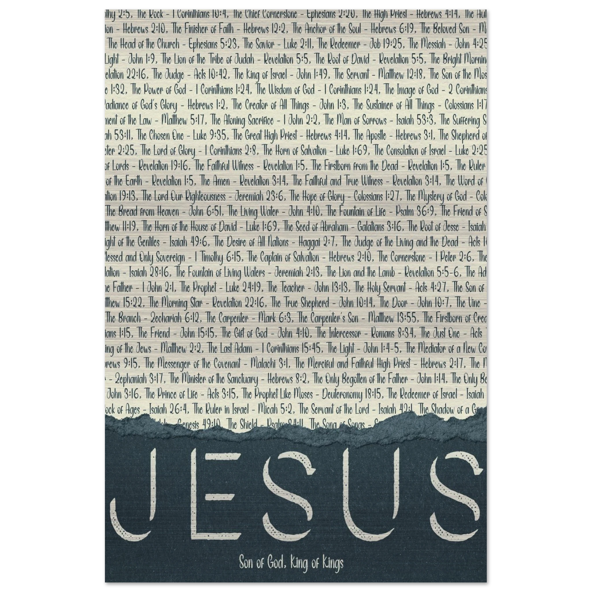 A brushed aluminum metal print with the word 'JESUS' in large letters, followed by a list of scriptural titles.