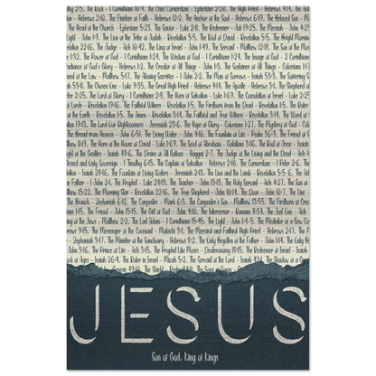 A brushed aluminum metal print with the word 'JESUS' in large letters, followed by a list of scriptural titles.