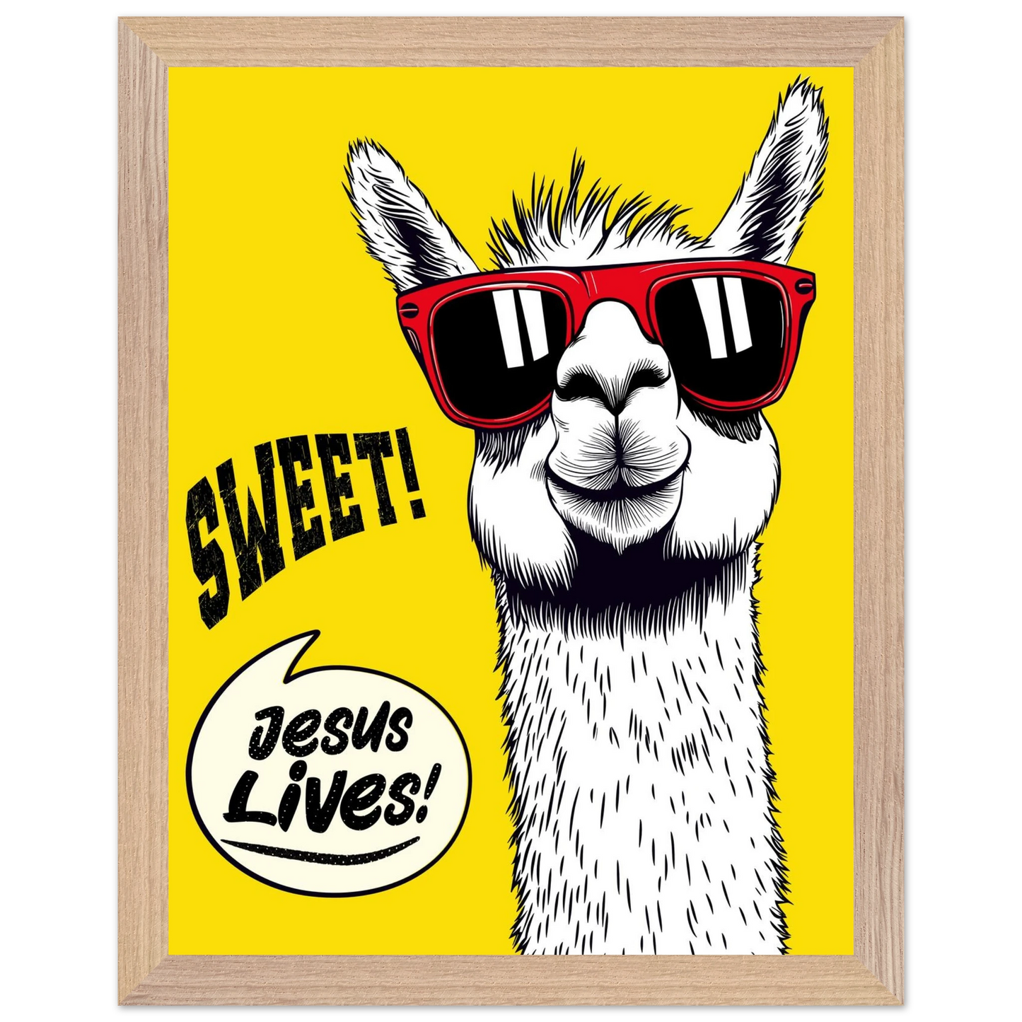 Playful Christian wall art illustration of a white llama wearing red sunglasses on a bright yellow background, with the words SWEET! and Jesus Lives in a speech bubble, framed.