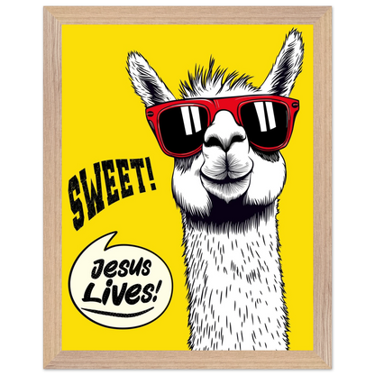 Playful Christian wall art illustration of a white llama wearing red sunglasses on a bright yellow background, with the words SWEET! and Jesus Lives in a speech bubble, framed.