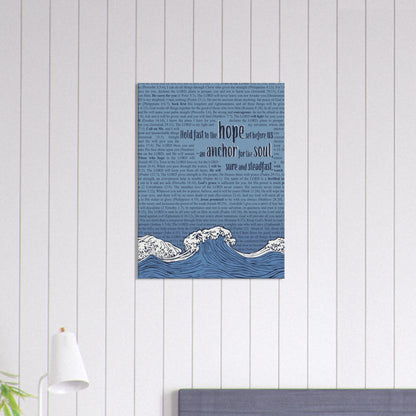 anchor for the soul hebrews 6 19 christian wall art in blue with wave illustration displayed in a bright minimalist room with small lamp decor