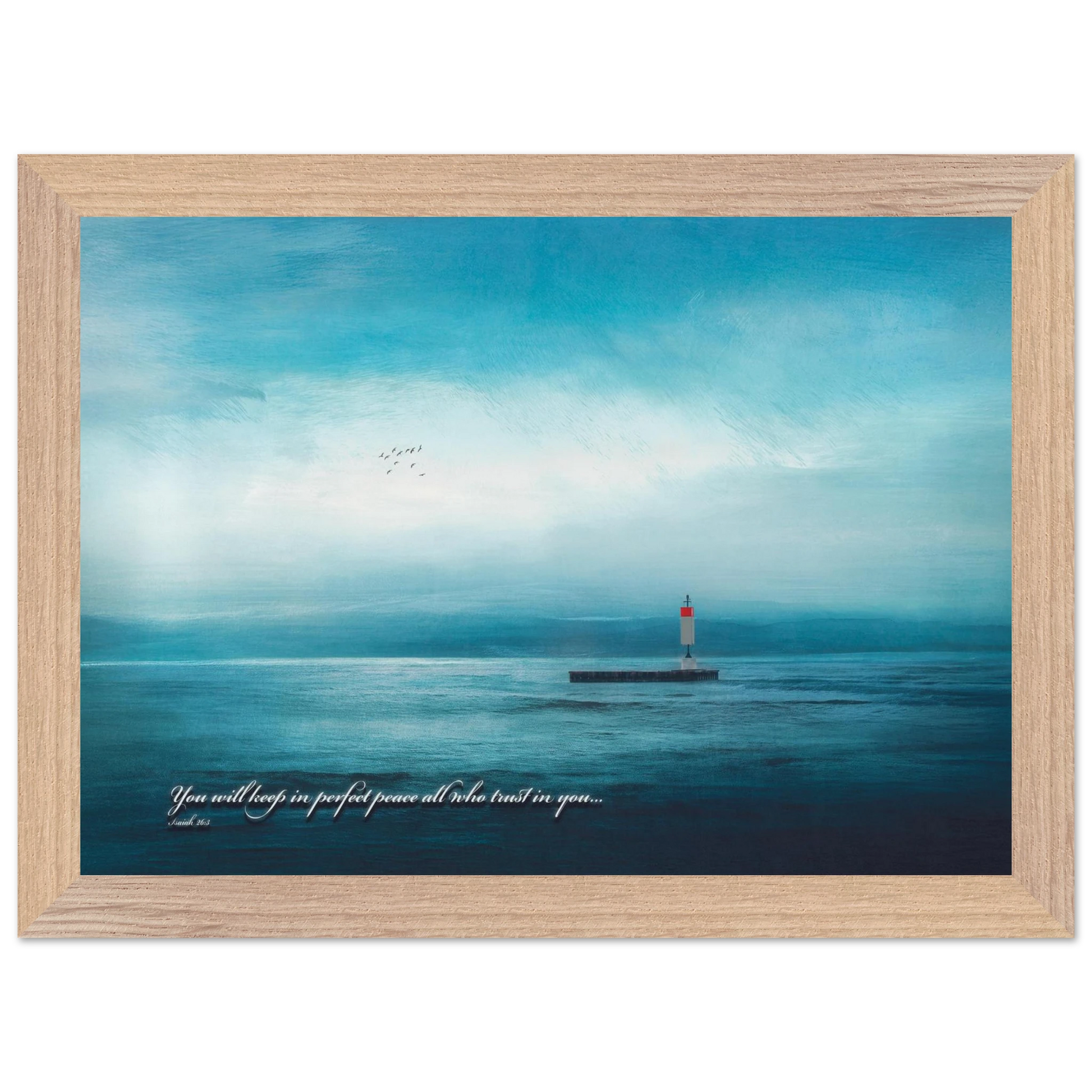 A framed poster featuring a lighthouse in a serene seascape with the text 'You will keep in perfect peace all who trust in you.' from Isaiah 26:3.
