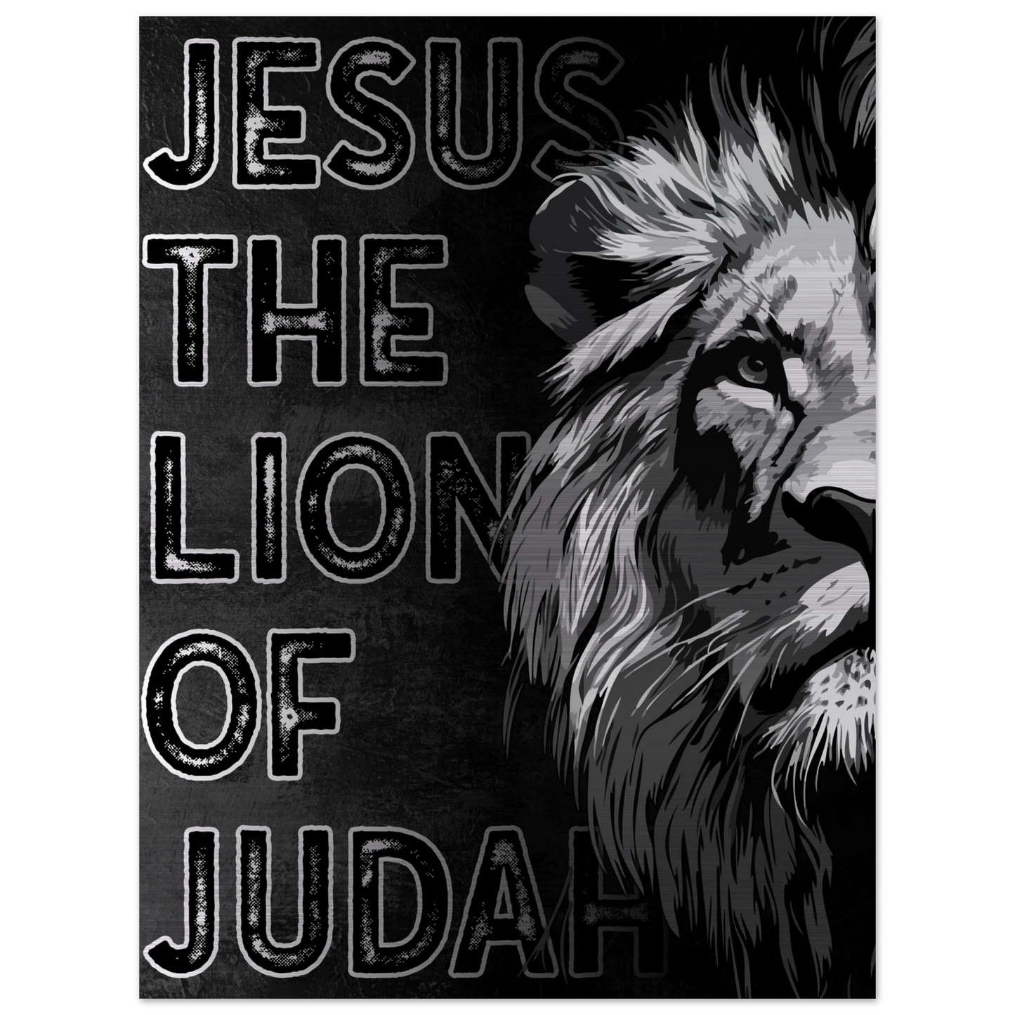 Jesus the Lion of Judah artwork featuring a bold black and white illustrated lion on the right side and distressed block lettering on a dark textured background.