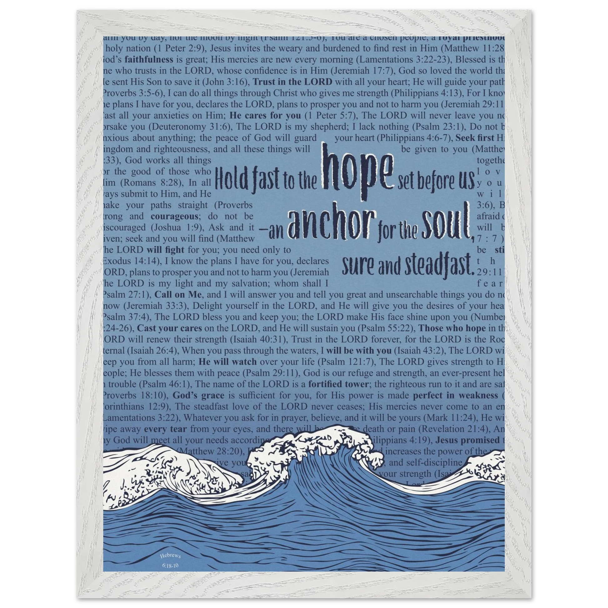 blue christian poster with bible verses in the background featuring a hand drawn wave illustration and the words hold fast to the hope set before us an anchor for the soul sure and steadfast hebrews 6 19