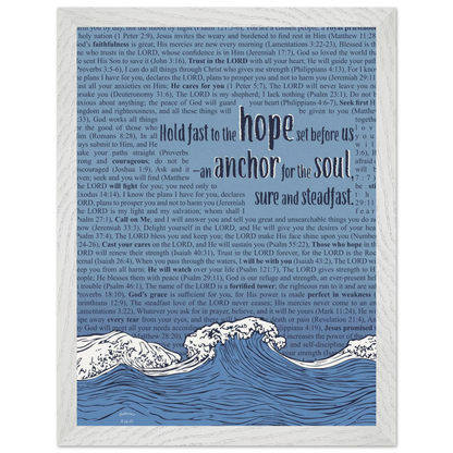 blue christian poster with bible verses in the background featuring a hand drawn wave illustration and the words hold fast to the hope set before us an anchor for the soul sure and steadfast hebrews 6 19