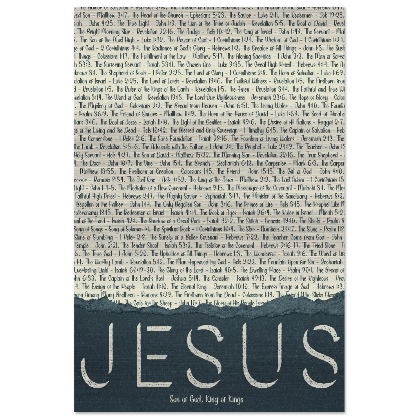 A brushed aluminum metal print with the word 'JESUS' in large letters, followed by a list of scriptural titles.