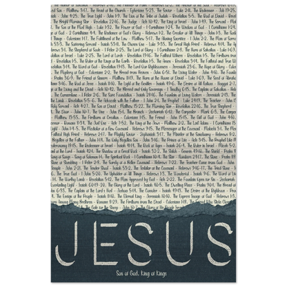 A brushed aluminum metal print with the word 'JESUS' in large letters, followed by a list of scriptural titles.