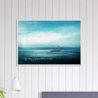 peaceful seascape lighthouse wall art on white shiplap wall in coastal style room