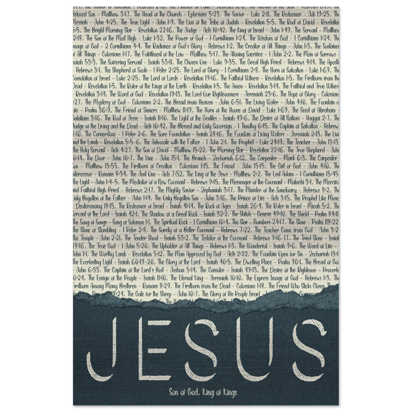 A brushed aluminum metal print with the word 'JESUS' in large letters, followed by a list of scriptural titles.