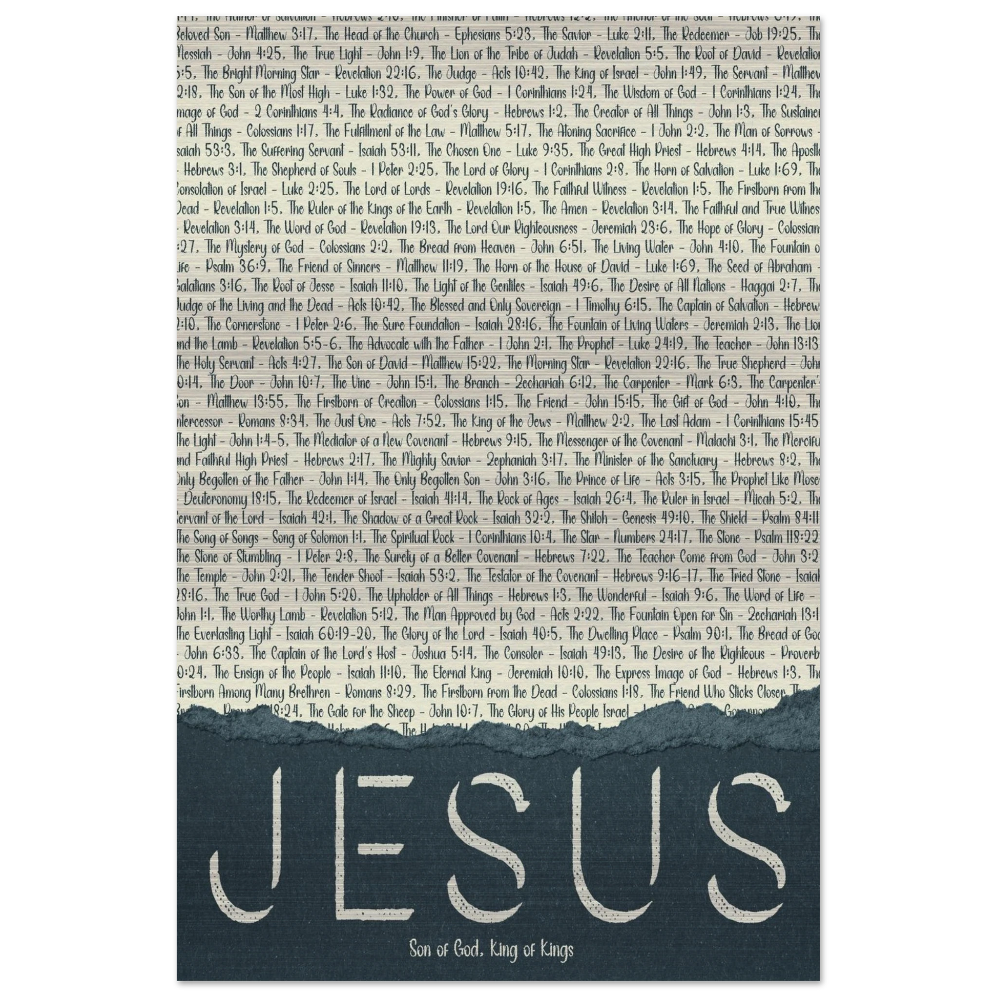 A brushed aluminum metal print with the word 'JESUS' in large letters, followed by a list of scriptural titles.