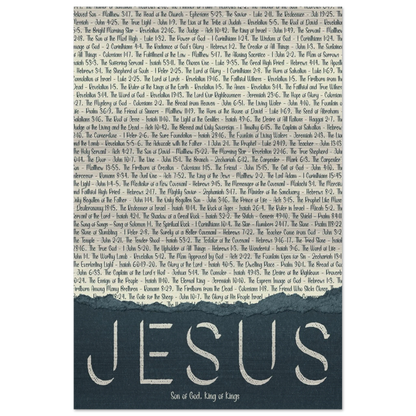 A brushed aluminum metal print with the word 'JESUS' in large letters, followed by a list of scriptural titles.