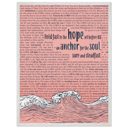 pink christian poster with bible verses in the background featuring a hand drawn wave illustration and the words hold fast to the hope set before us an anchor for the soul sure and steadfast hebrews 6 19