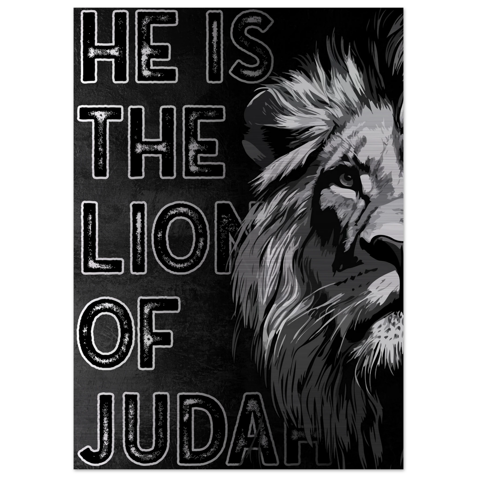 Jesus the Lion of Judah artwork featuring a bold black and white illustrated lion on the right side and distressed block lettering on a dark textured background.