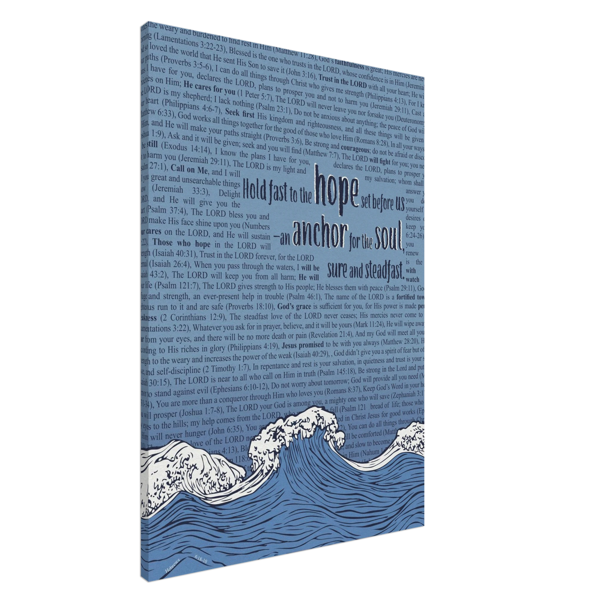 A canvas print featuring the Bible verse Hebrews 6:19 with a background of text and decorative elements such as flowing ocean waves and an anchor.