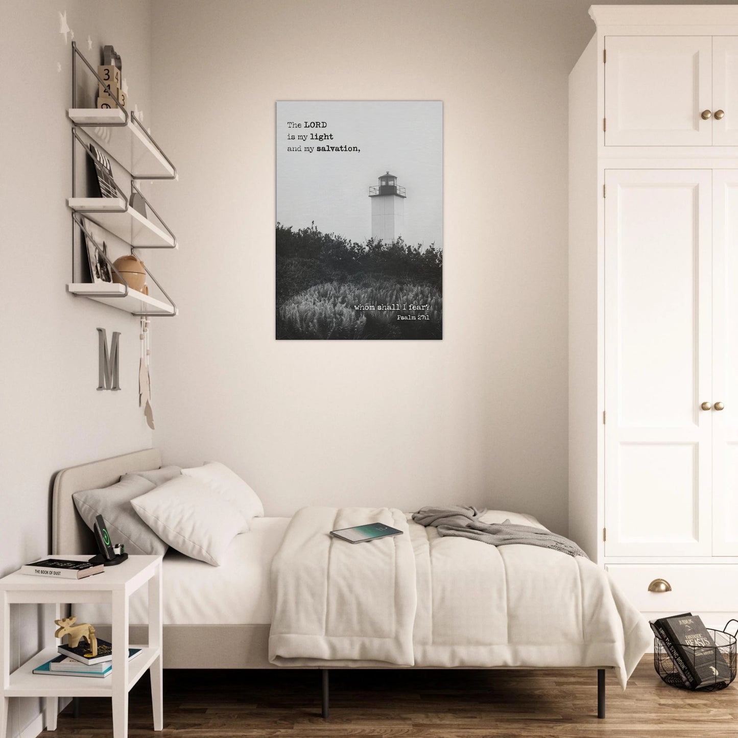 Psalm 27:1 lighthouse Christian wall art displayed in a neutral, minimalist bedroom with light decor.