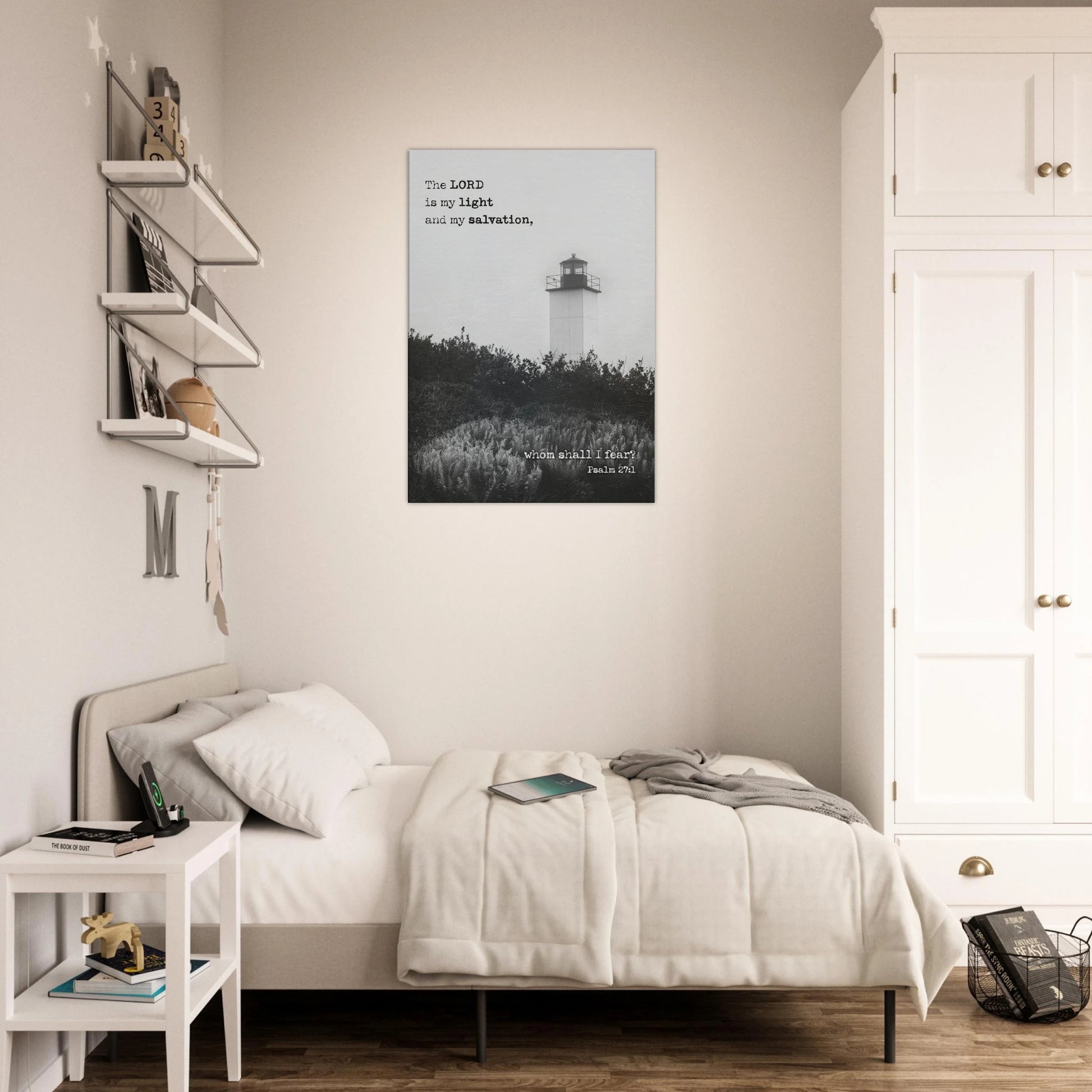 Psalm 27:1 lighthouse Christian wall art displayed in a neutral, minimalist bedroom with light decor.