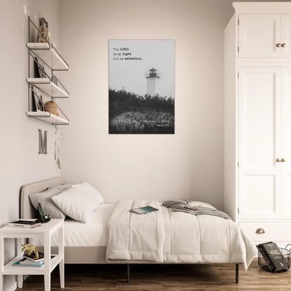 Psalm 27:1 lighthouse Christian wall art displayed in a neutral, minimalist bedroom with light decor.