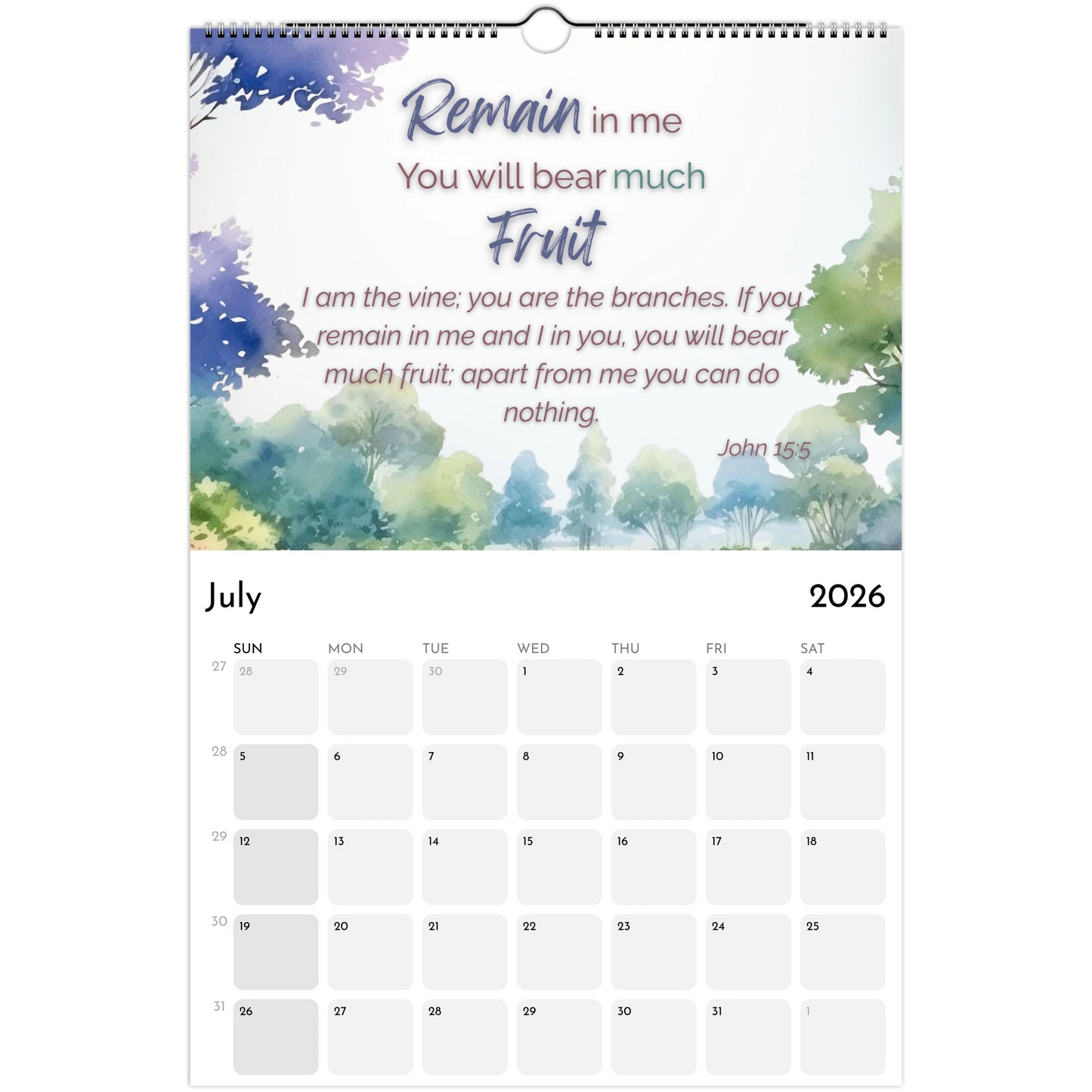 Calendar for July 2026 with nature-themed design and inspirational quote.