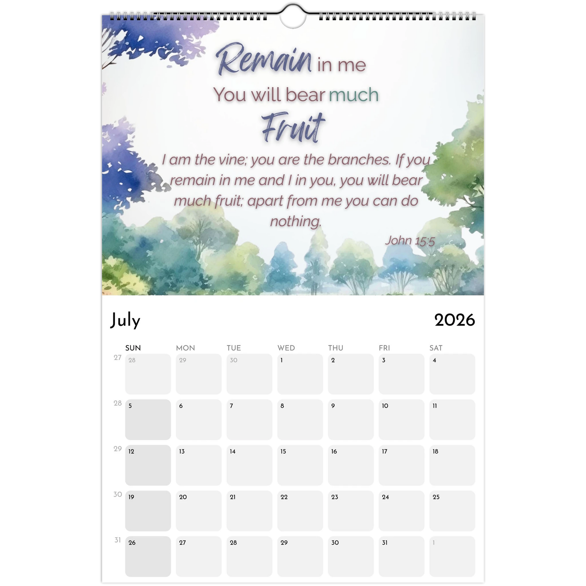 Calendar for July 2026 with nature-themed design and inspirational quote.
