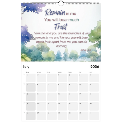 Calendar for July 2026 with nature-themed design and inspirational quote.