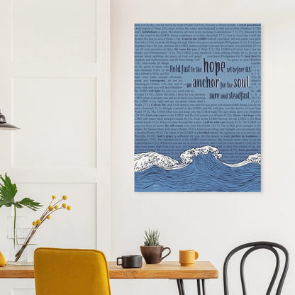Canvas wall art with blue waves and Hebrews 6:19 displayed above a dining table with warm modern decor