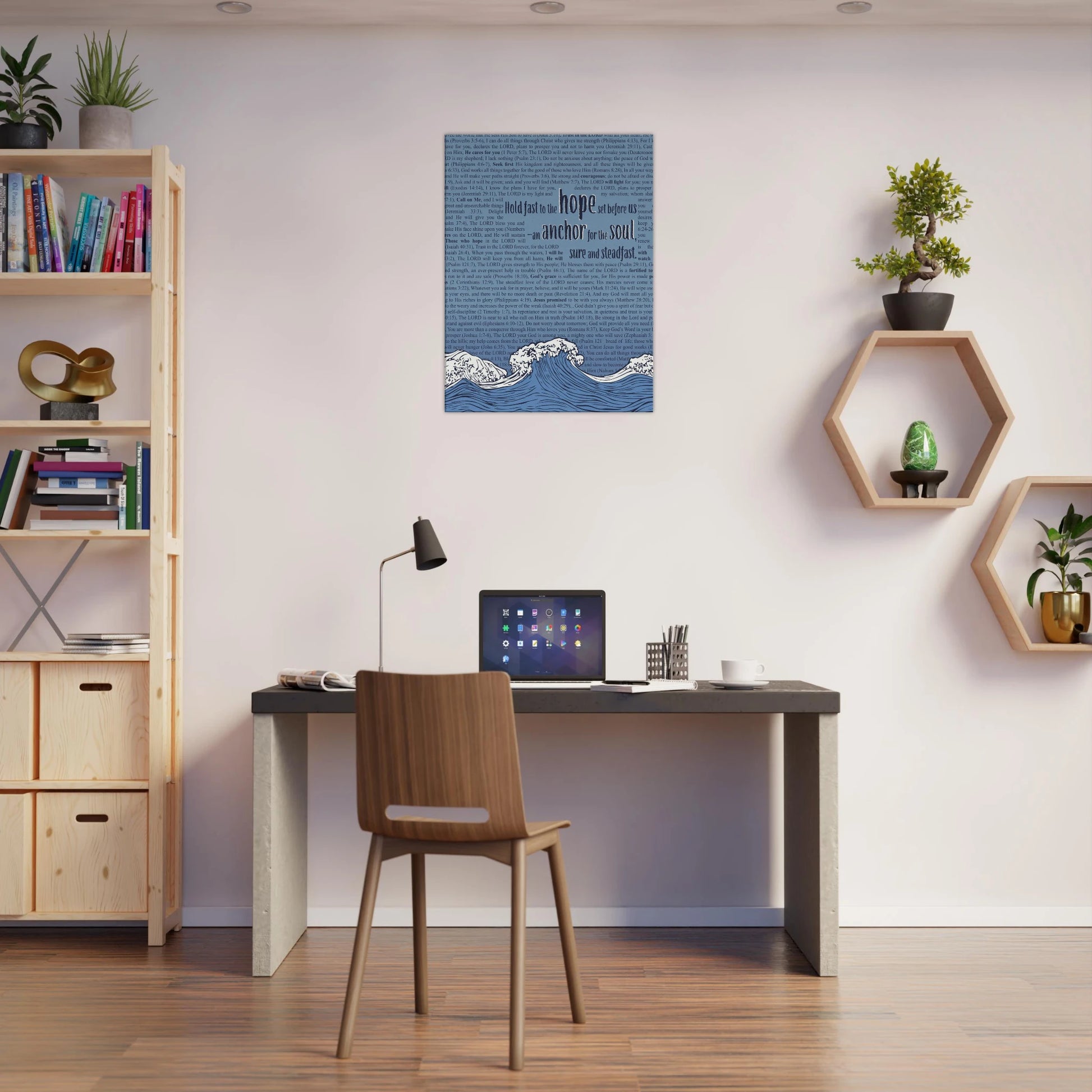 anchor for the soul hebrews 6 19 christian wall art in blue with wave illustration displayed in a bright minimalist office with small plant decor and desk